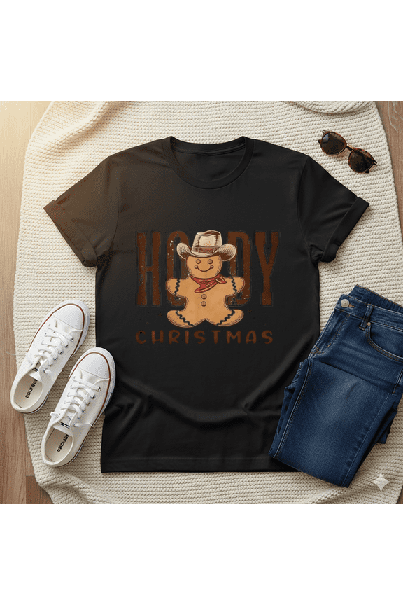 Western Howdy Christmas Gingerbread Cowboy Holiday Themed Unisex T-Shirt, up to Size 5XL