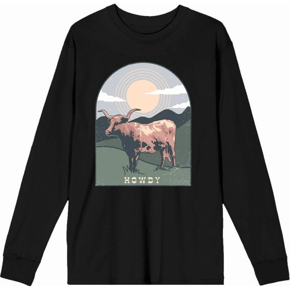 Western Howdy Cow Adult Black Crew Neck Long Sleee Tee-XL