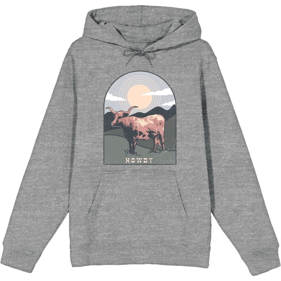 Western Howdy Cow Adult Heather Gray Long Sleeve Hoodie-XL
