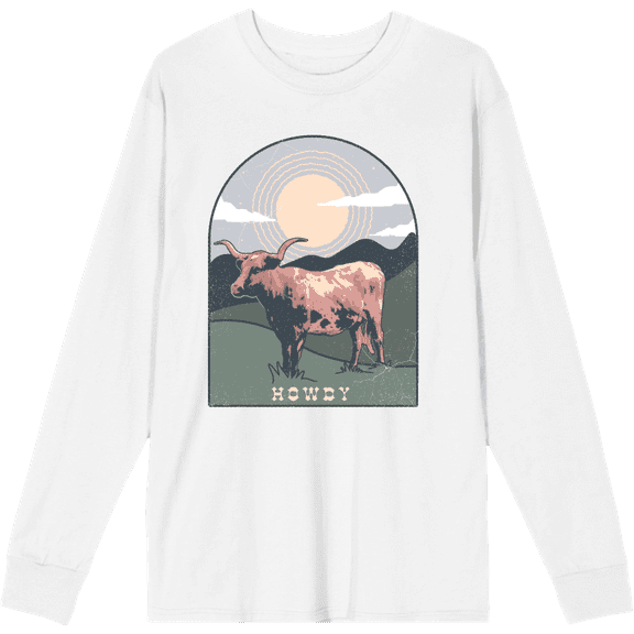 Western Howdy Cow Adult White Crew Neck Long Sleee Tee-Medium