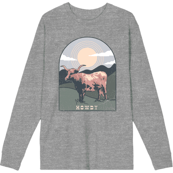 Western Howdy Cow Crew Neck Long Sleeve Heather Gray Adult Tee
-Large