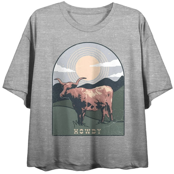 Western Howdy Cow Crew Neck Short Sleeve Athletic Heather Women's Crop T-shirt-Medium