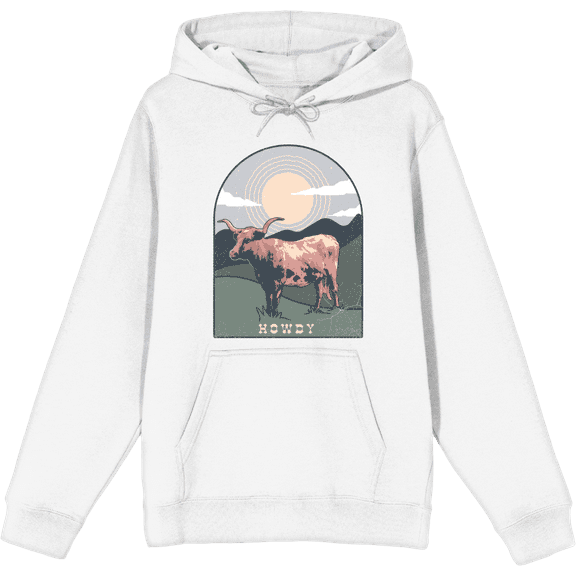 Western Howdy Cow Long Sleeve Adult Hooded Sweatshirt-3XL-White