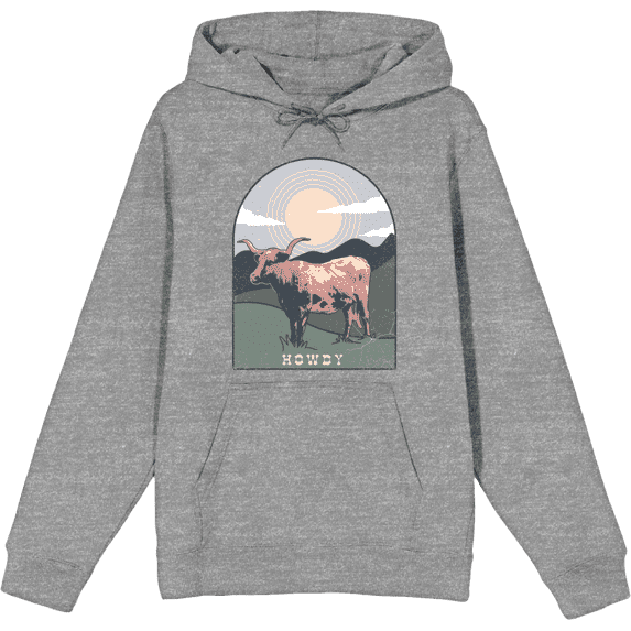 Western Howdy Cow Long Sleeve Adult Hooded Sweatshirt-Medium-Heather Gray