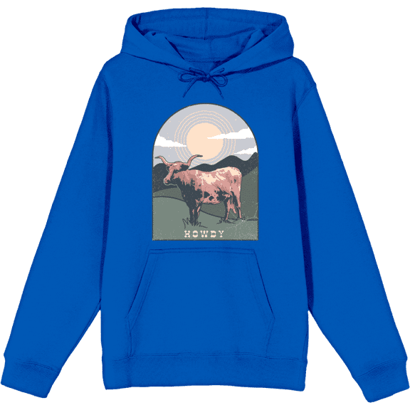 Western Howdy Cow Long Sleeve Adult Hooded Sweatshirt-XL-Blue