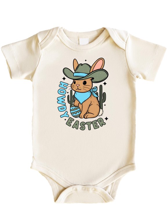 Western Howdy Easter Baby Snap Bodysuit for Boys Desert Cowboy Easter Bunny One-Piece Natural Bodysuit 12 Months
