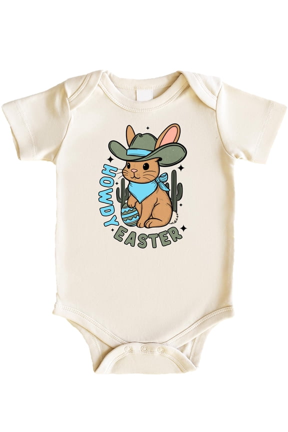 Western Howdy Easter Baby Snap Bodysuit for Boys Desert Cowboy Easter Bunny One-Piece Natural Bodysuit Newborn