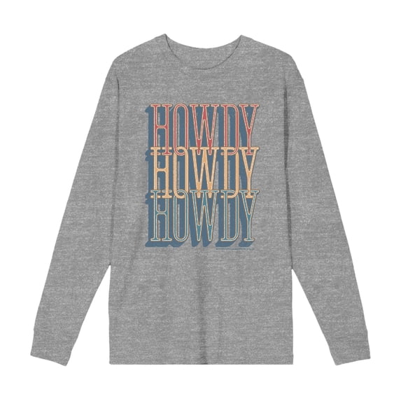 Western Howdy Repeat Text Adult Heather Gray Crew Neck Long Sleeve Tee-Large