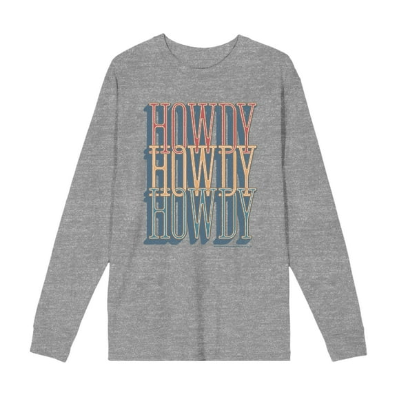 Western Howdy Repeat Text Adult Heather Gray Crew Neck Long Sleeve Tee-Small
