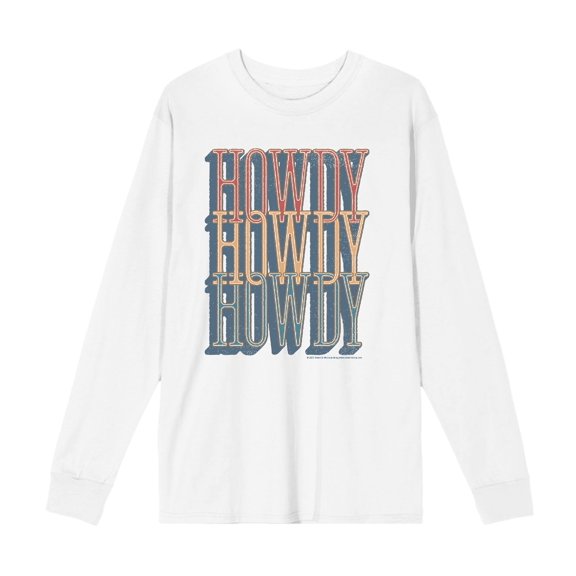Western Howdy Repeat Text Adult White Crew Neck Long Sleeve Tee-XXL
