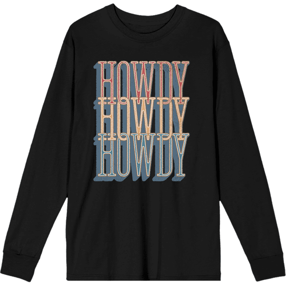 Western Howdy Repeat Text Crew Neck Long Sleeve Adult Tee
-Medium-Black