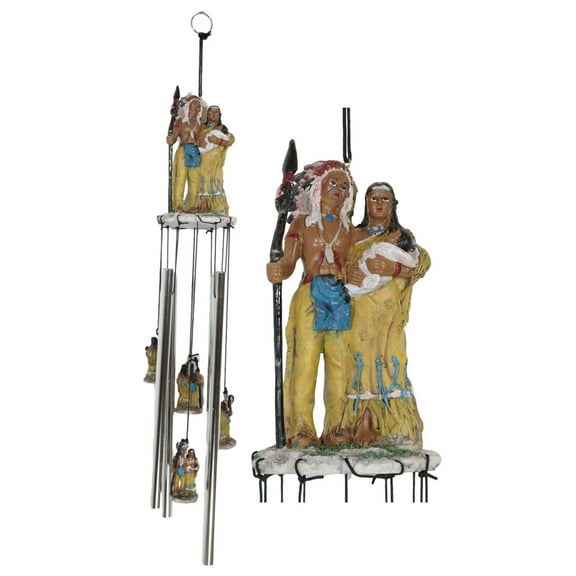Western Indian Chief With Roach Next To Chieftess And Baby Family Wind Chime