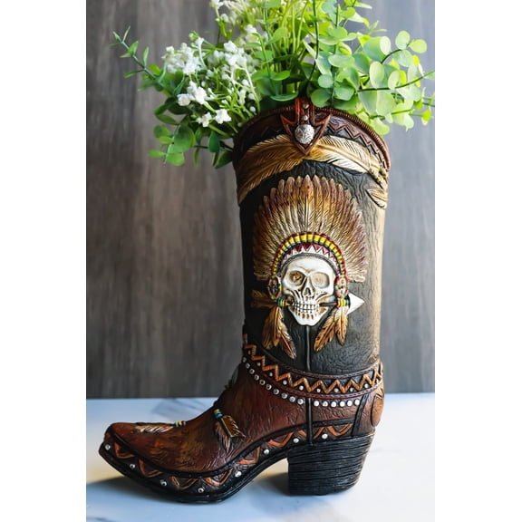 Western Indian Skull Chief with Headdress Faux Tooled Leather Cowboy Boot Vase