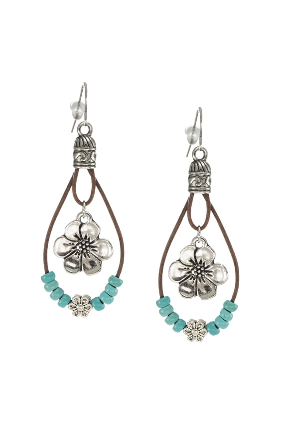 Western Inspired Leather Teardrop with Silver Flowers and Turquoise Color Accents, Hypoallergenic Platinum Ear Wires