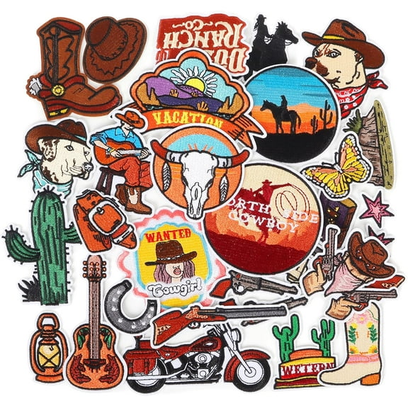 Western Iron On Embroidered Patches for Hats: 32Pcs Cowboy Sew On Applique Patches for Jackets Backpacks Clothing - Vintage Embroidery Patch for DIY Accessories