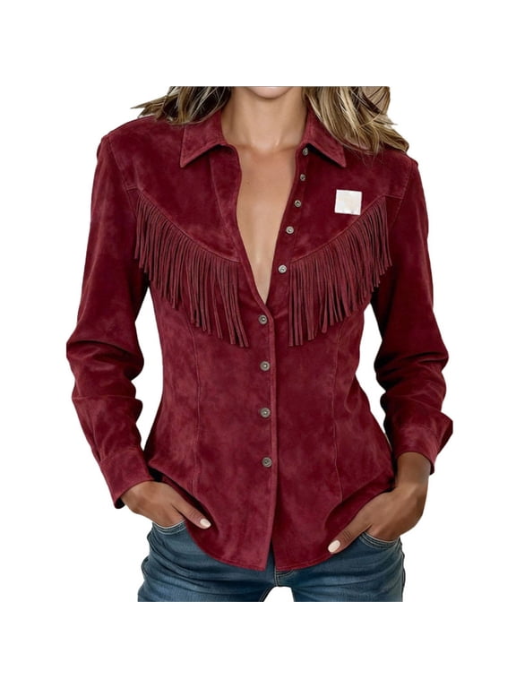 Western Jackets for Women Suede Fringe Jacket Tassel Long Sleeve Button Down Vintage Cow Country Concert Outfits Fringe Suede Western Cow Shirts Rodeo Tops Slim Fit Country Concert Jacket