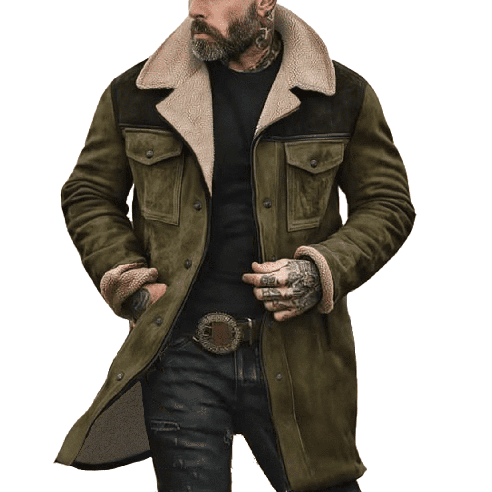 Western Jackets for Men Vintage Cowboy Suede Jacket Plush Collar Coats Faux Leather Zip Up Casual Retro Winter Tops Army Green L
