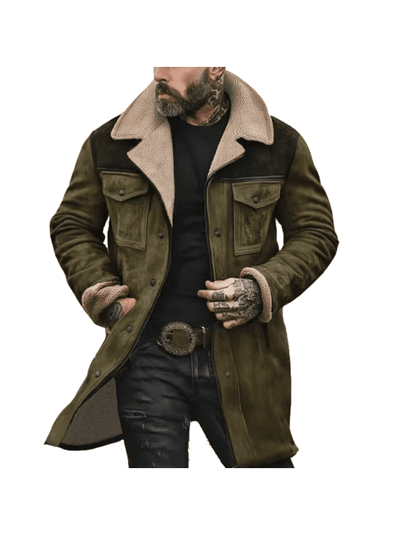 Western Jackets for Men Vintage Cowboy Suede Jacket Plush Collar Coats Faux Leather Zip Up Casual Retro Winter Tops Army Green S