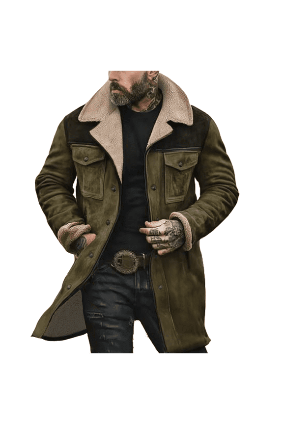 Western Jackets for Men Vintage Cowboy Suede Jacket Plush Collar Coats Faux Leather Zip Up Casual Retro Winter Tops Army Green S