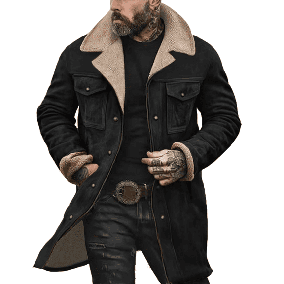 Western Jackets for Men Vintage Cowboy Suede Jacket Plush Collar Coats Faux Leather Zip Up Casual Retro Winter Tops Black S