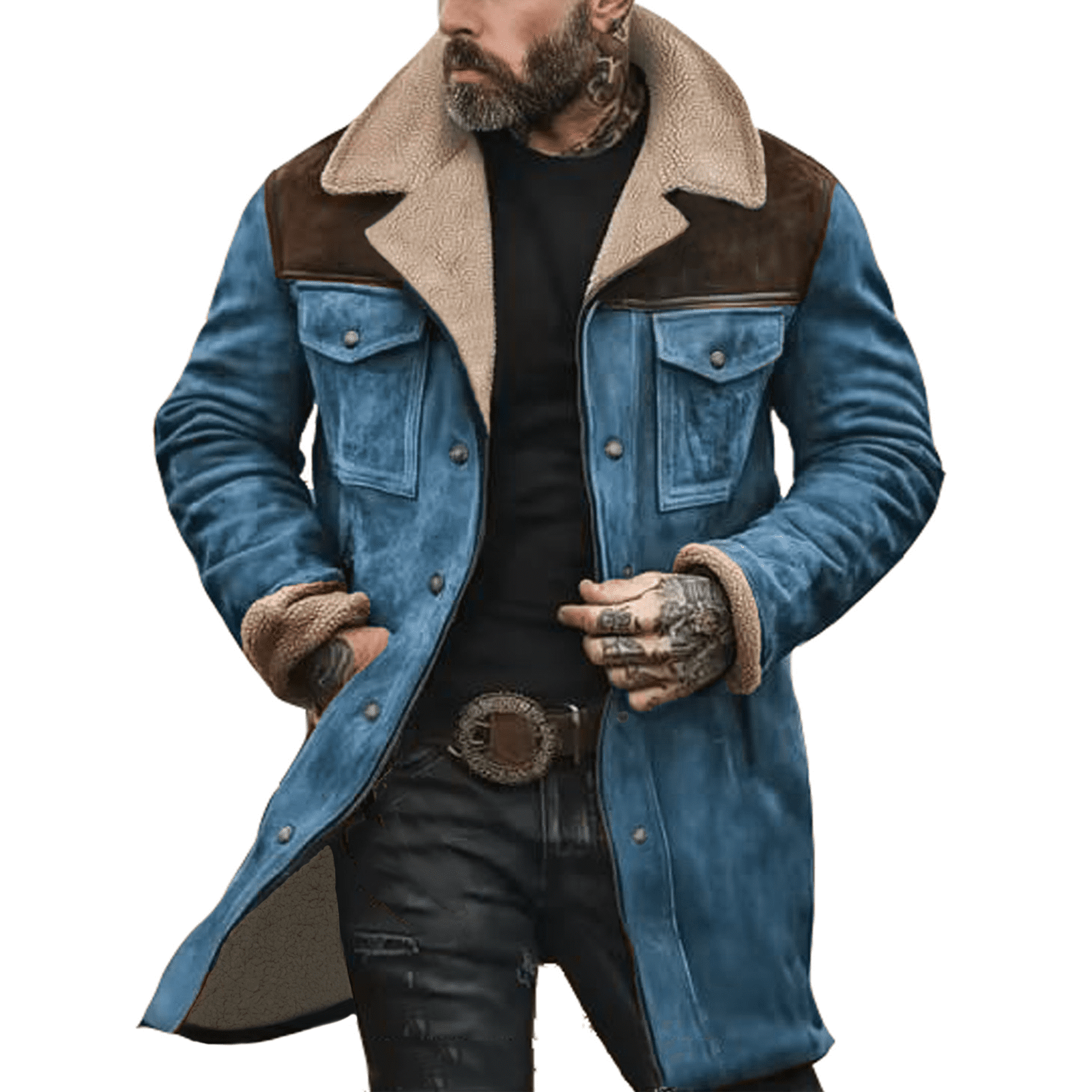 Western Jackets for Men Vintage Cowboy Suede Jacket Plush Collar Coats Faux Leather Zip Up Casual Retro Winter Tops Blue 3XL