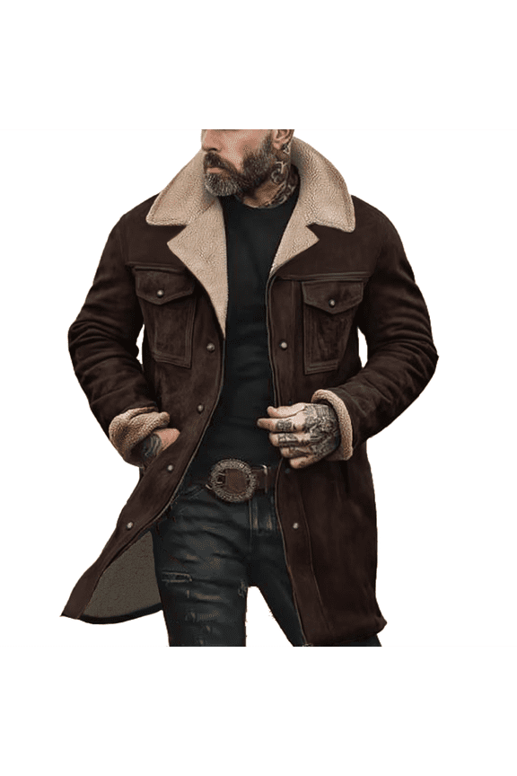Western Jackets for Men Vintage Cowboy Suede Jacket Plush Collar Coats Faux Leather Zip Up Casual Retro Winter Tops Coffee 2XL