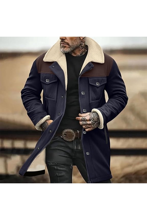 Western Jackets for Men Vintage Cowboy Suede Jacket Plush Collar Coats Faux Leather Zip Up Casual Retro Winter Tops Dark Blue 2XL