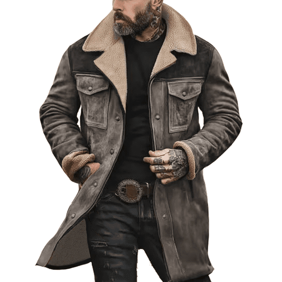 Western Jackets for Men Vintage Cowboy Suede Jacket Plush Collar Coats Faux Leather Zip Up Casual Retro Winter Tops Gray L