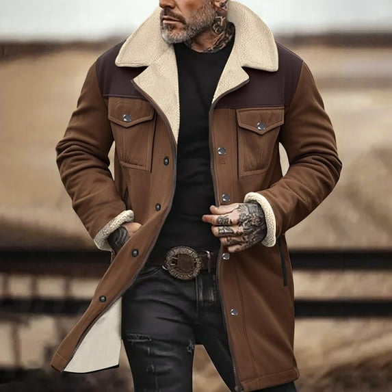 Western Jackets for Men Vintage Cowboy Suede Jacket Plush Collar Coats Faux Leather Zip Up Casual Retro Winter Tops