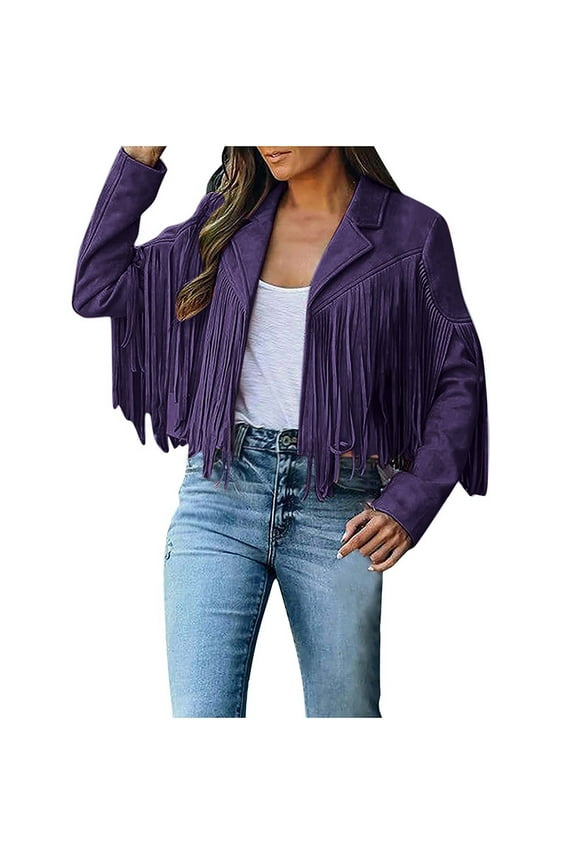 Western Jackets for Women Casual Faux Leather Jacket Motorcycle Jacket Fringe Cropped Jacket Tassel Suede Moto Jacket
