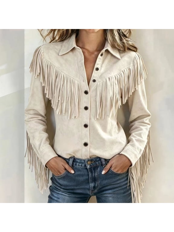 Western Jackets for Women V-Neck Button Vintage Fringe Tops Tassel Long Sleeve Cowgirl Country Concert Shirts(White,XL)