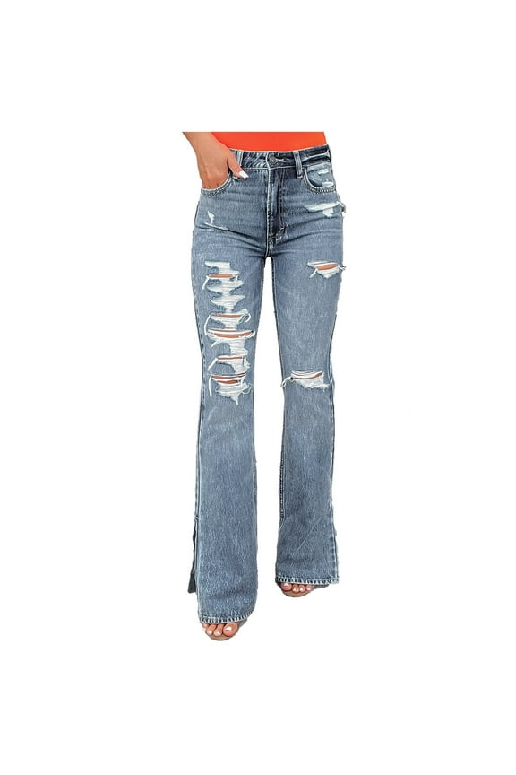 Western Jeans for Women Flare High Waist Jeans Straight Leg Ripped Jeans Distressed Skinny Jeans Side Slit Flared Jeans