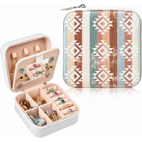 Small White Box Rack Western Jewelry Box Case Boho Print Travel Jewelry Organizer Christmas ...