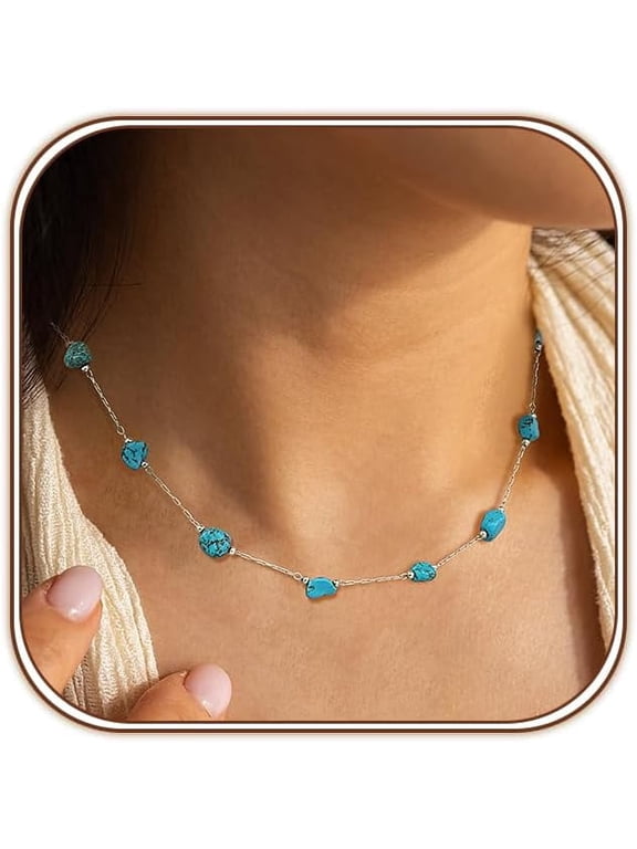 Western Jewelry Simulated Turquoise Necklaces for Women 18K Gold Plated/Siver Beaded Choker Boho Necklace Handmade Beach Summer Everyday Gifts for Her
