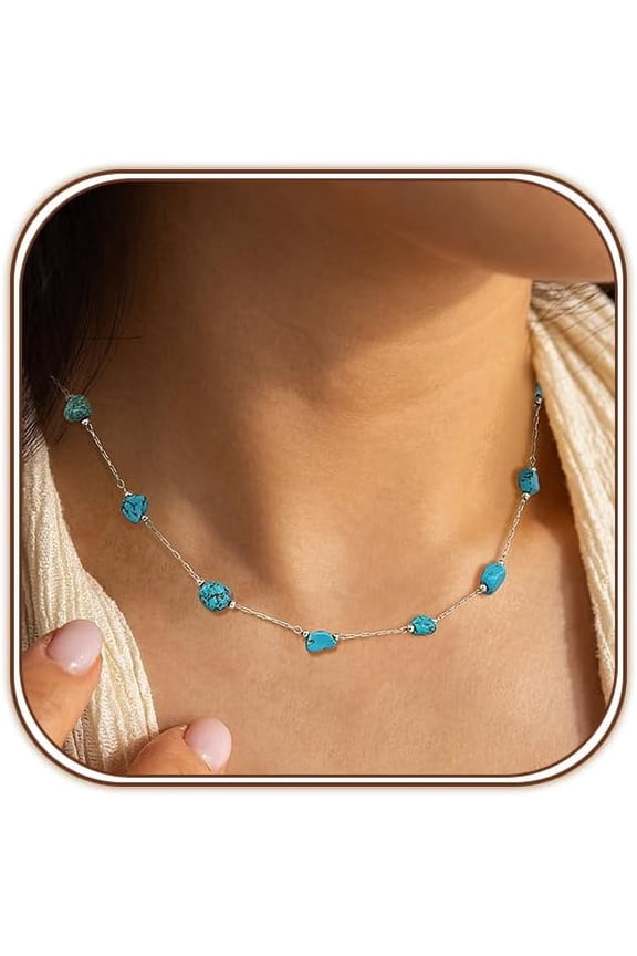 Western Jewelry Simulated Turquoise Necklaces for Women 18K Gold Plated/Siver Beaded Choker Boho Necklace Handmade Beach Summer Everyday Gifts for Her