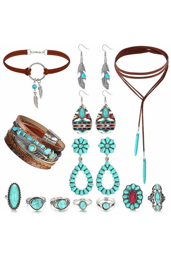 Western Jewelry for Women,Bohemian Turquoise Jewelry Set Bracelet Necklace Rings