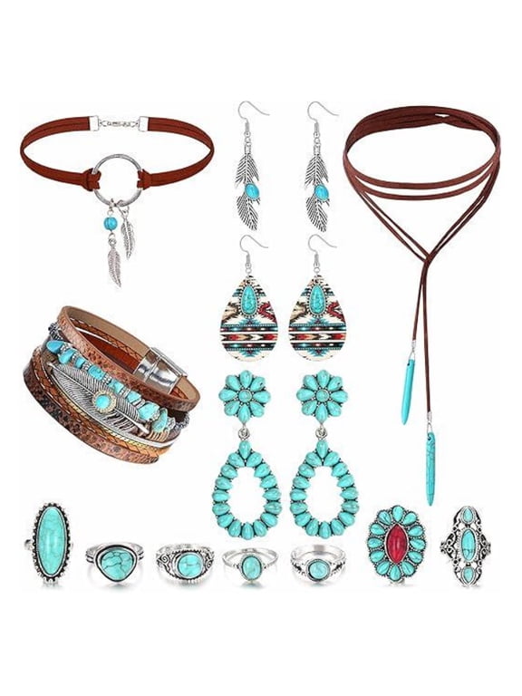 Western Jewelry for Women Bohemian Turquoise Jewelry Set Turquoise Faux Leather