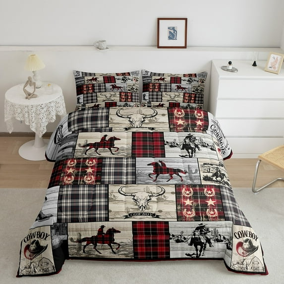 YST Western King Size Comforter Set Cowboy Bedding Set For Teen Boys Adult Country Farmhouse Plaid Horse Cow Print Bed Set American Wild West Quilt Duvet Red Black Grey Cowboy Room Decor