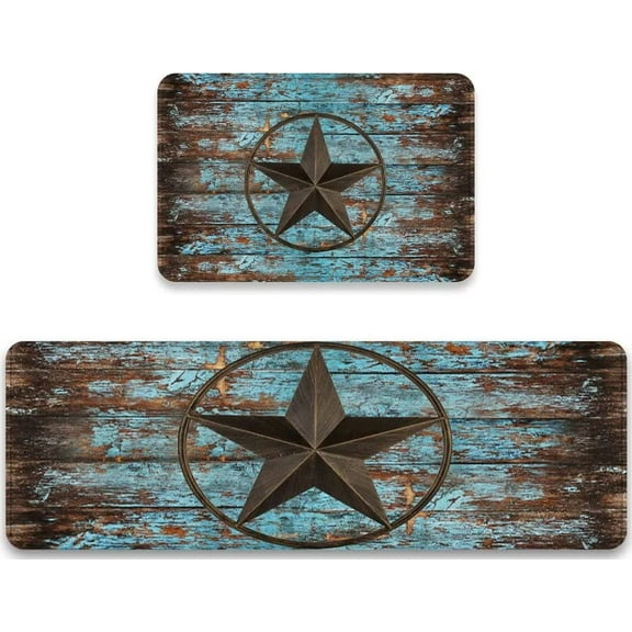 Western Kitchen Mat Set of 2 Rustic Country Texas Star on Teal Brown Wooden Barn Kitchen Rugs and Mats Non Skid Washable Cushioned Absorbent Comfort Standing Mat for Kitchen Sink,Laundry,Bathroom