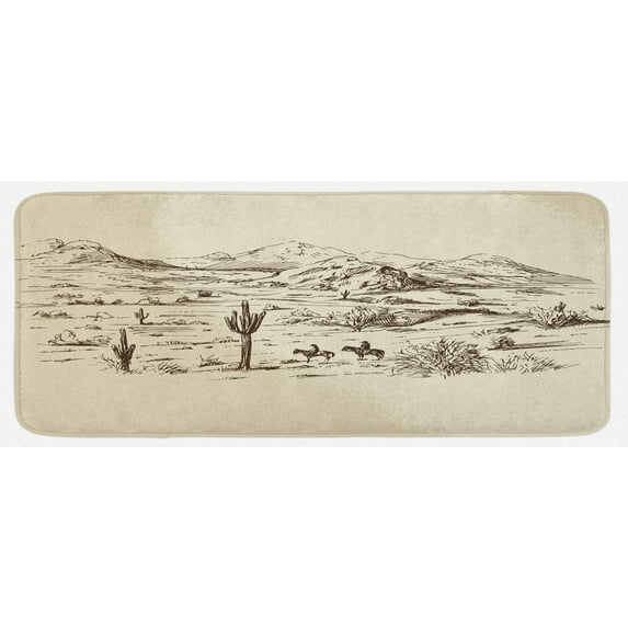 Western Kitchen Mat, Wild West Landscape Illustration Mountains Desert Plants Cowboys on Horses, Plush Decorative Kitchen Mat with Non Slip Backing, 47" X 19", Beige Black