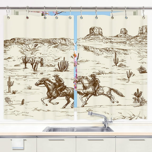 Western Kitchen Window Curtains, Wild West Cowboy Ride Horse and Desert Cactus Curtains Panels, Vintage American Farmhouse Country Kitchen Window Drapes, Window Treatment Sets with Hooks, 52X63Inches