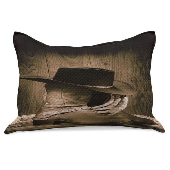 Western Knitted Quilt Pillowcover, Wild West Themed Cowboy Hat and Old Ranching on Wooden Display Rodeo Cowboy Style, Standard King Size Pillow Cover for Bedroom, 30" x 20", Brown, by Ambesonne