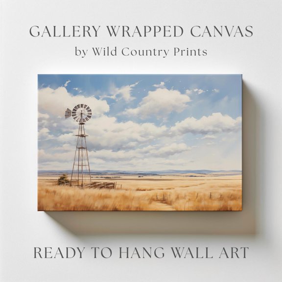 Western Landscape Windmill Country Ranch Farm Farmhouse Wall Art Print, Living Room And Gallery Wall Decor