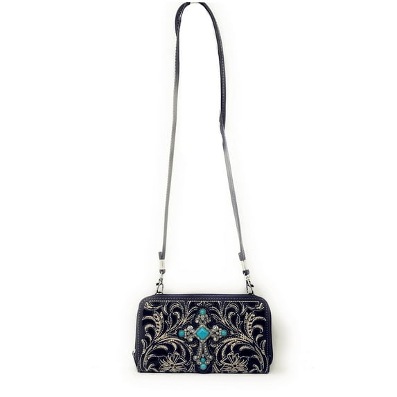 Western Laser Cut Floral Agate Cross Double Zipper Womens Wallet/Crossbody Bag