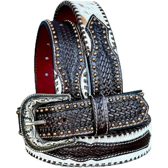 Western Leather Belt For Men Tooled Embossed Handmade 1.5” Wide Cowboy Belt with Removable Buckle
