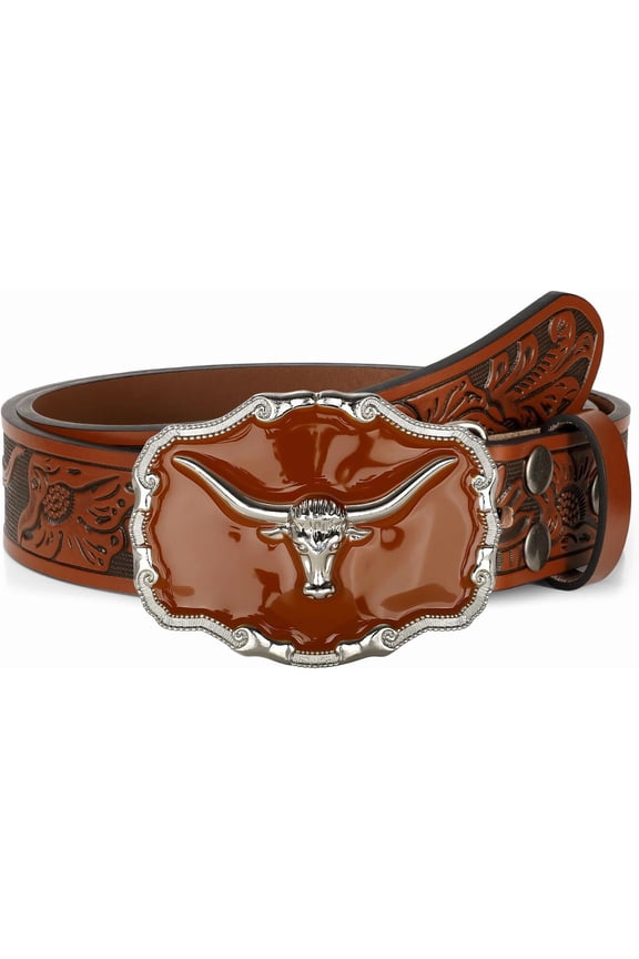 Western Leather Belt for Men Black Cowboy Buckle Belt for Jeans Country Belt