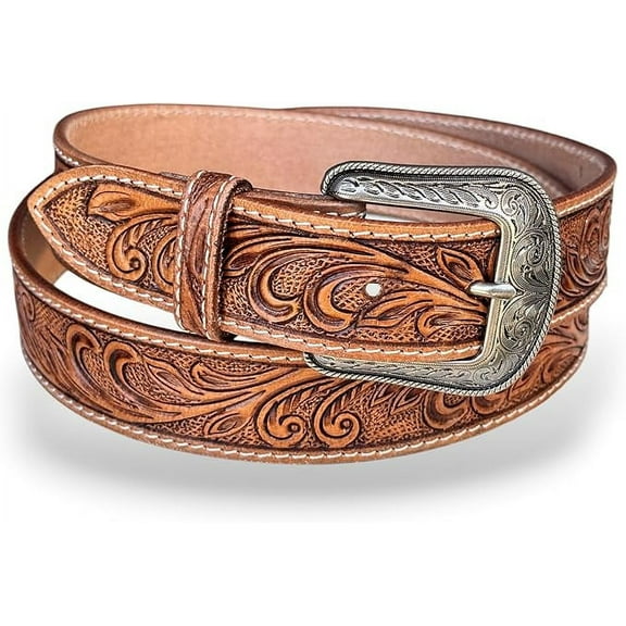 Western Leather Belt for Men Cowboy Handmade Belt Embossed Beaded with Removable Buckle Tooled 1.5” Wide