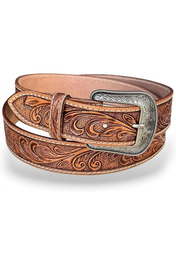 Western Leather Belt for Men Cowboy Handmade Belt Embossed Beaded with Removable Buckle Tooled 1.5” Wide