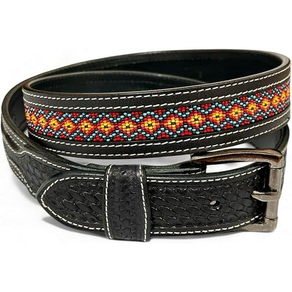 Western Leather Belt for Men Cowboy Handmade Belt Embossed Beaded with Removable Buckle Tooled 1.5” Wide