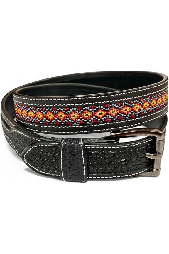 Western Leather Belt for Men Cowboy Handmade Belt Embossed Beaded with Removable Buckle Tooled 1.5” Wide